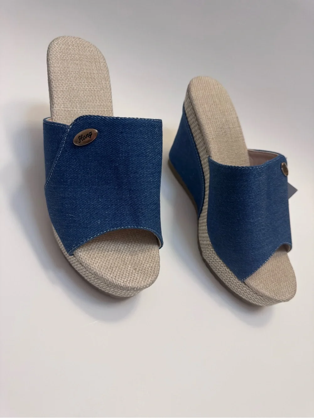 Denim Blue Wedge Slide Sandals for Women